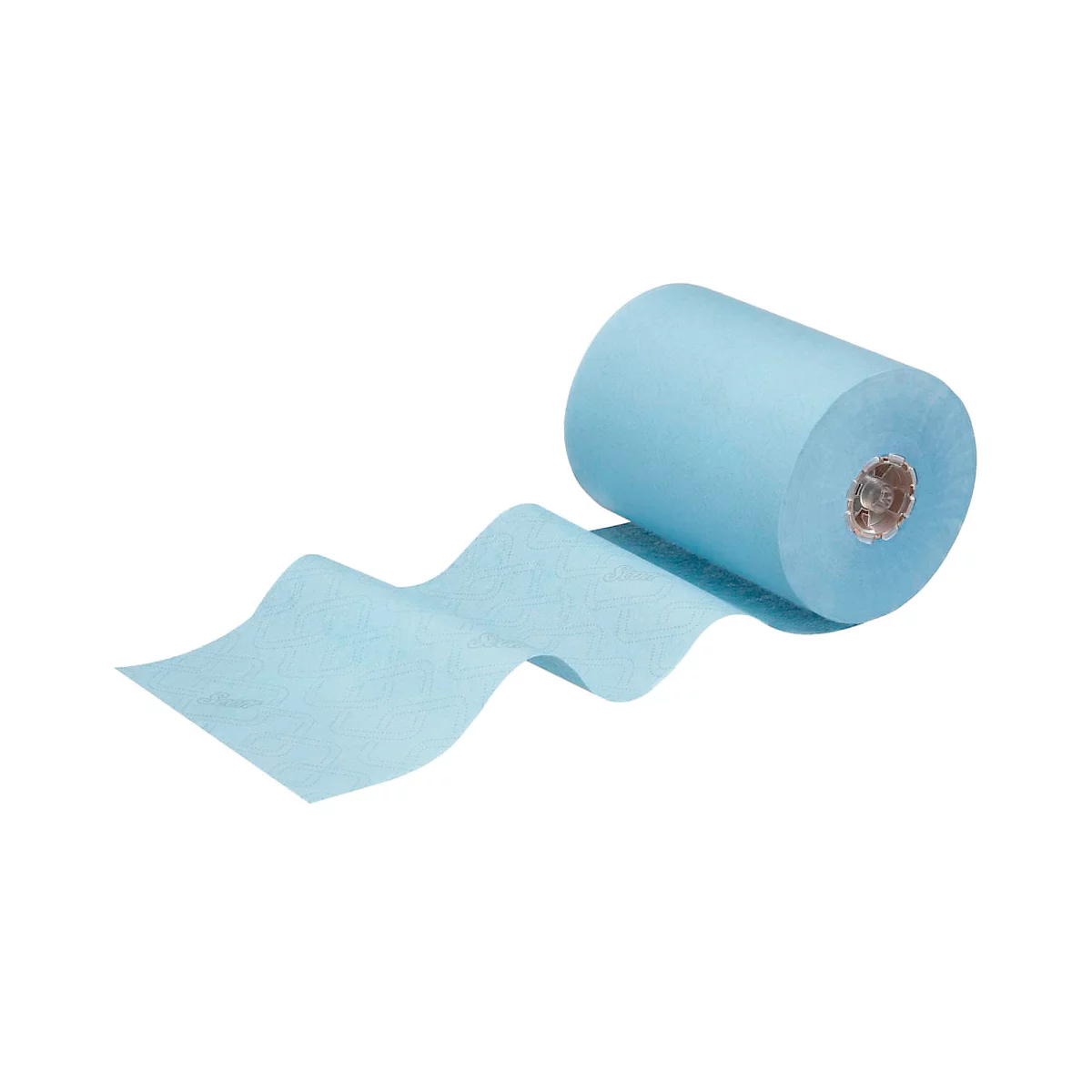 Blauwe reinigingsdoek, afgerold van een rol. De achtergrond is wit.