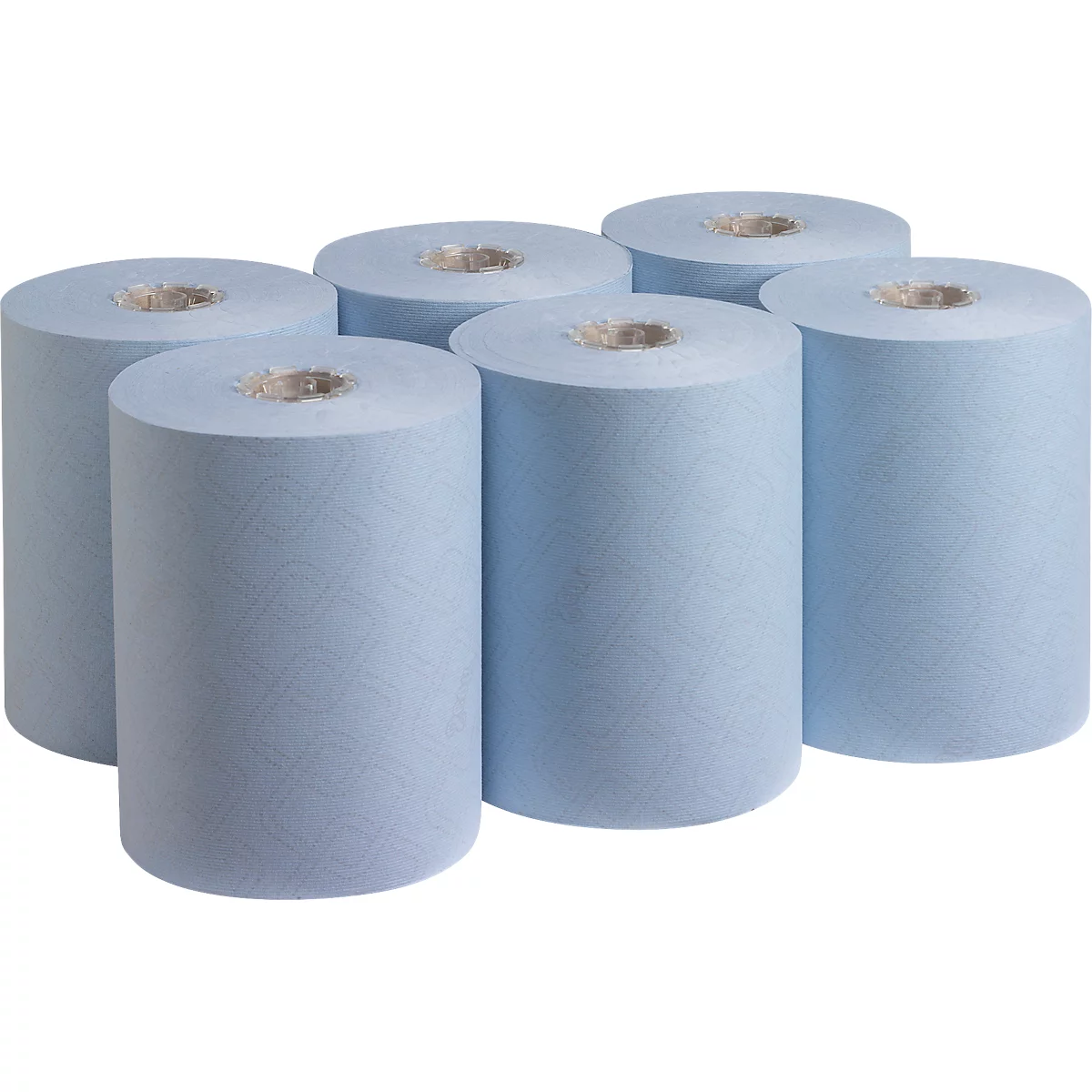 Sechs hellblaue Rollen Papier, nebeneinander. Die Enden sind sichtbar.