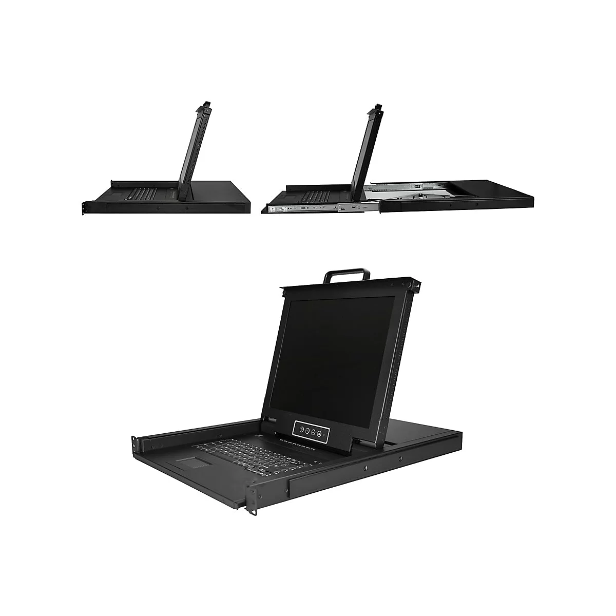 Schwarze Rack-Konsole mit Bildschirm, Tastatur und Touchpad. Oben links und rechts: GeÃ¶ffnete und geschlossene Ansicht.