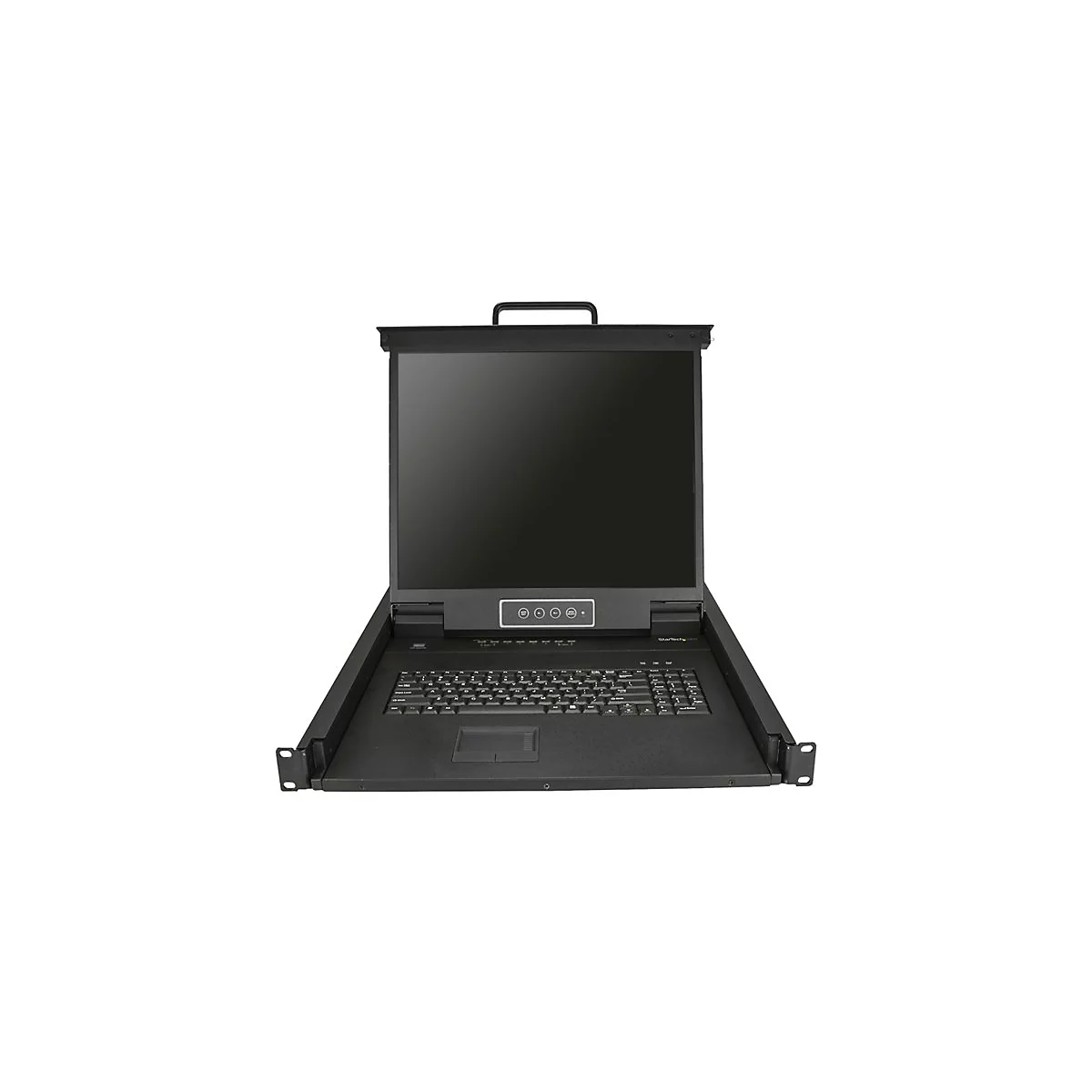 Schwarzer KVM-Switch mit Monitor, Tastatur und Touchpad. Der Switch ist in einem GehÃ¤use verbaut und hat einen Griff.