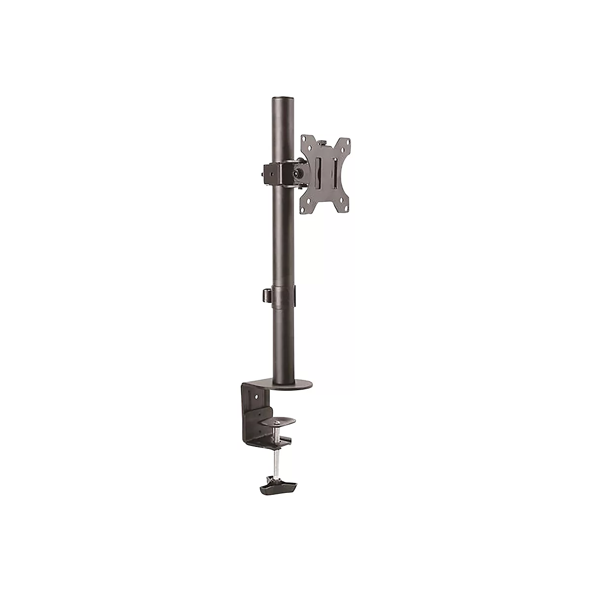 Schwarze Monitorhalterung mit Halterung, SÃ¤ule und Klemme fÃ¼r Schreibtisch. Hintergrund ist weiÃŸ.