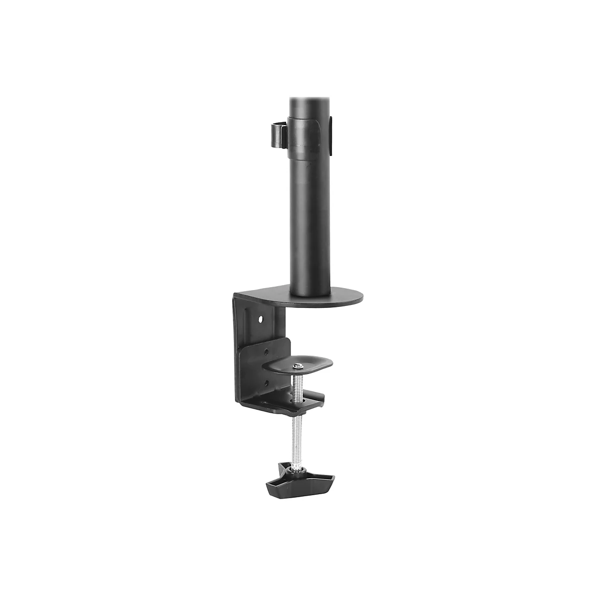 Schwarze Monitorhalterung. Ein zylindrischer Arm ragt aus einer Klemme heraus, die an einer Tischplatte befestigt werden kann.