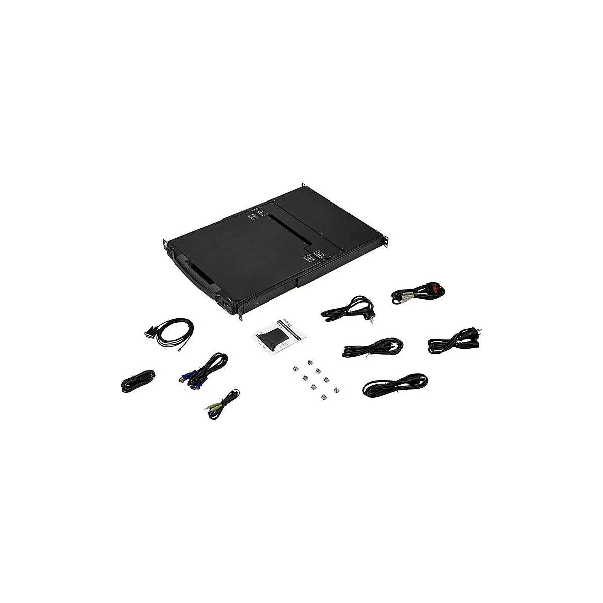 Schwarzer Server-Rack mit ZubehÃ¶r wie Kabeln und Schrauben, freigestellt.