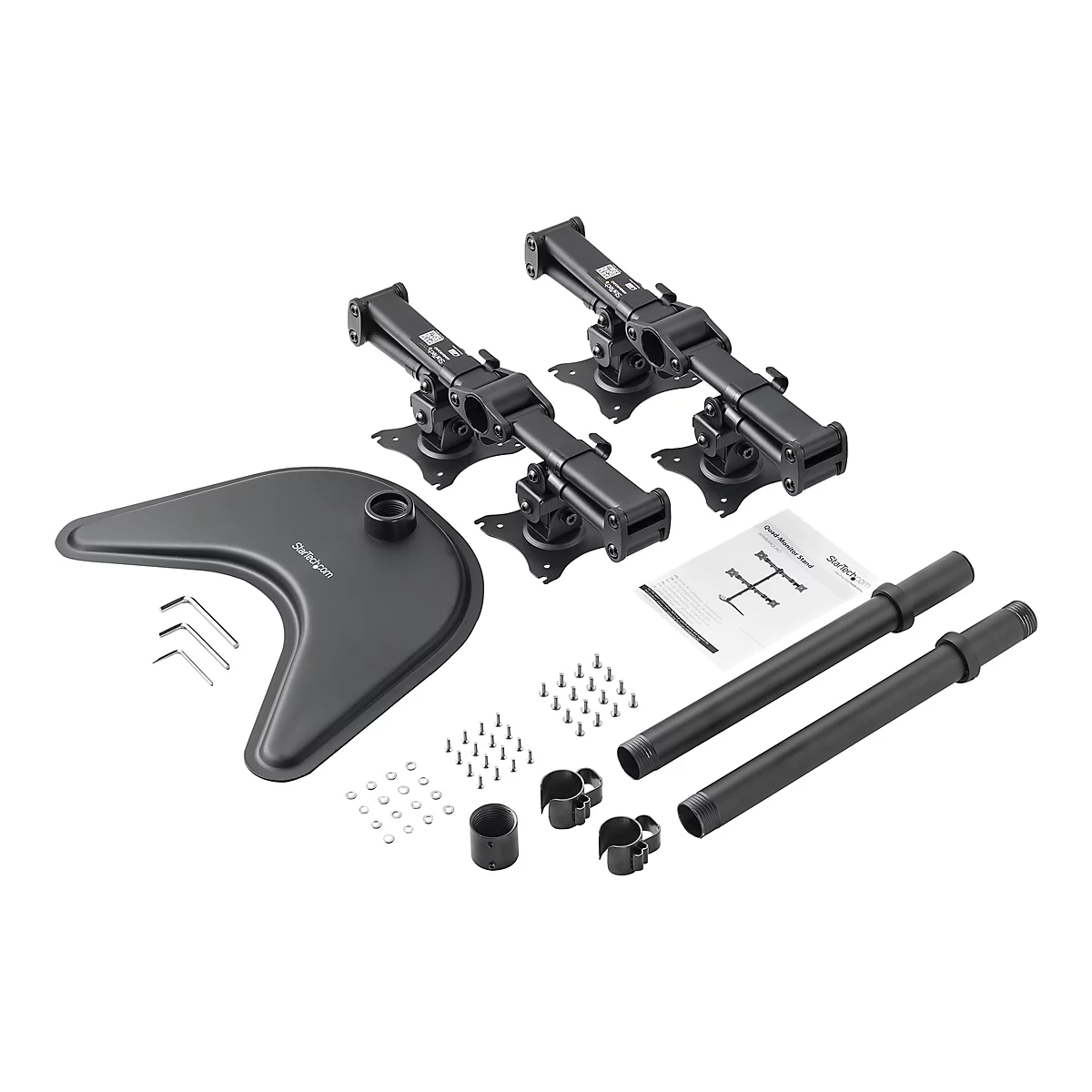Support de moniteur noir avec composants, comprenant vis, outils et instructions.