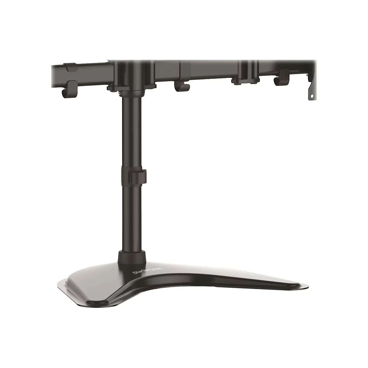 Support d'Ã©cran noir avec deux supports. Il se compose d'une base, d'un support vertical et d'une barre horizontale.