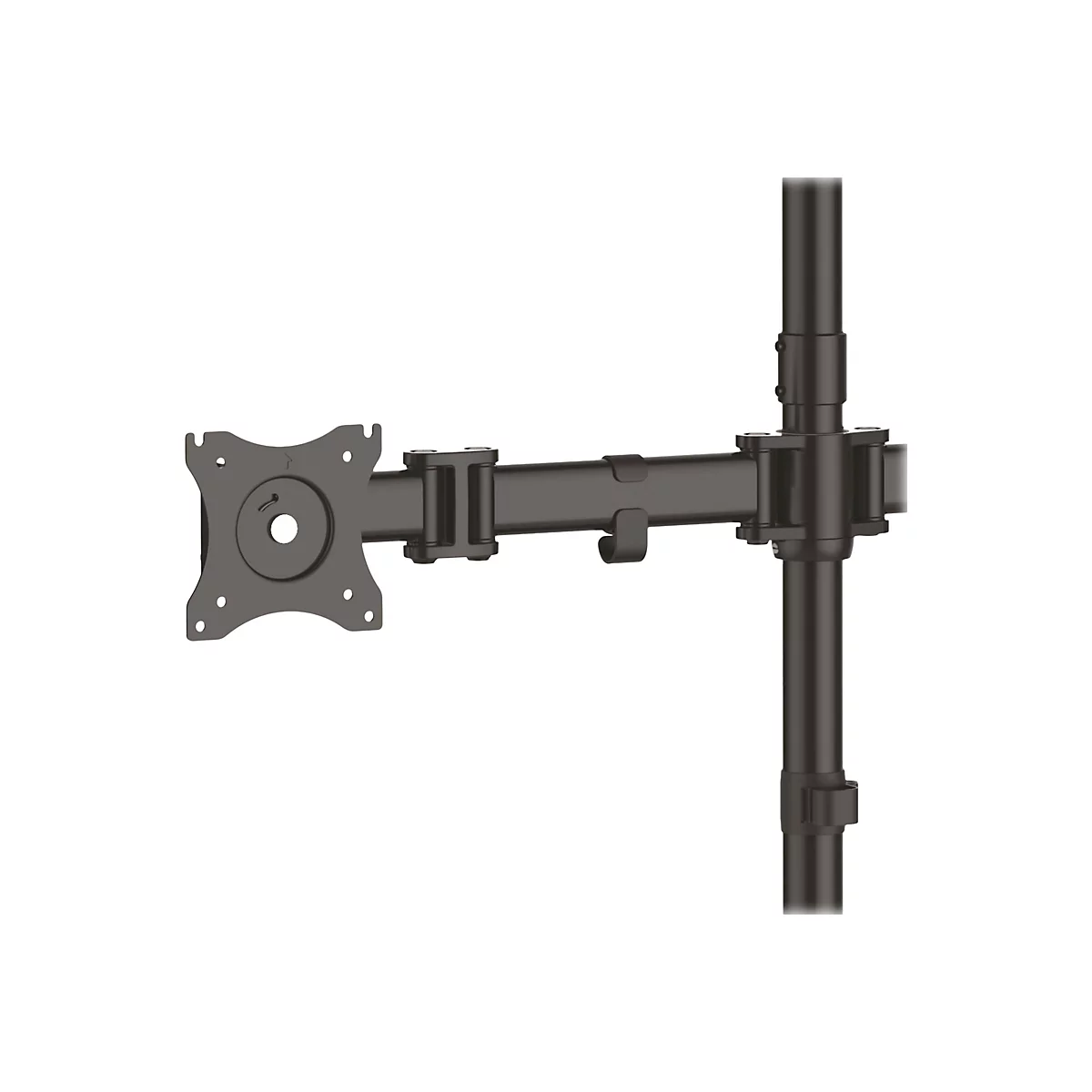Bras de moniteur noir avec support, porte-Ã -faux et barre, sur fond blanc.