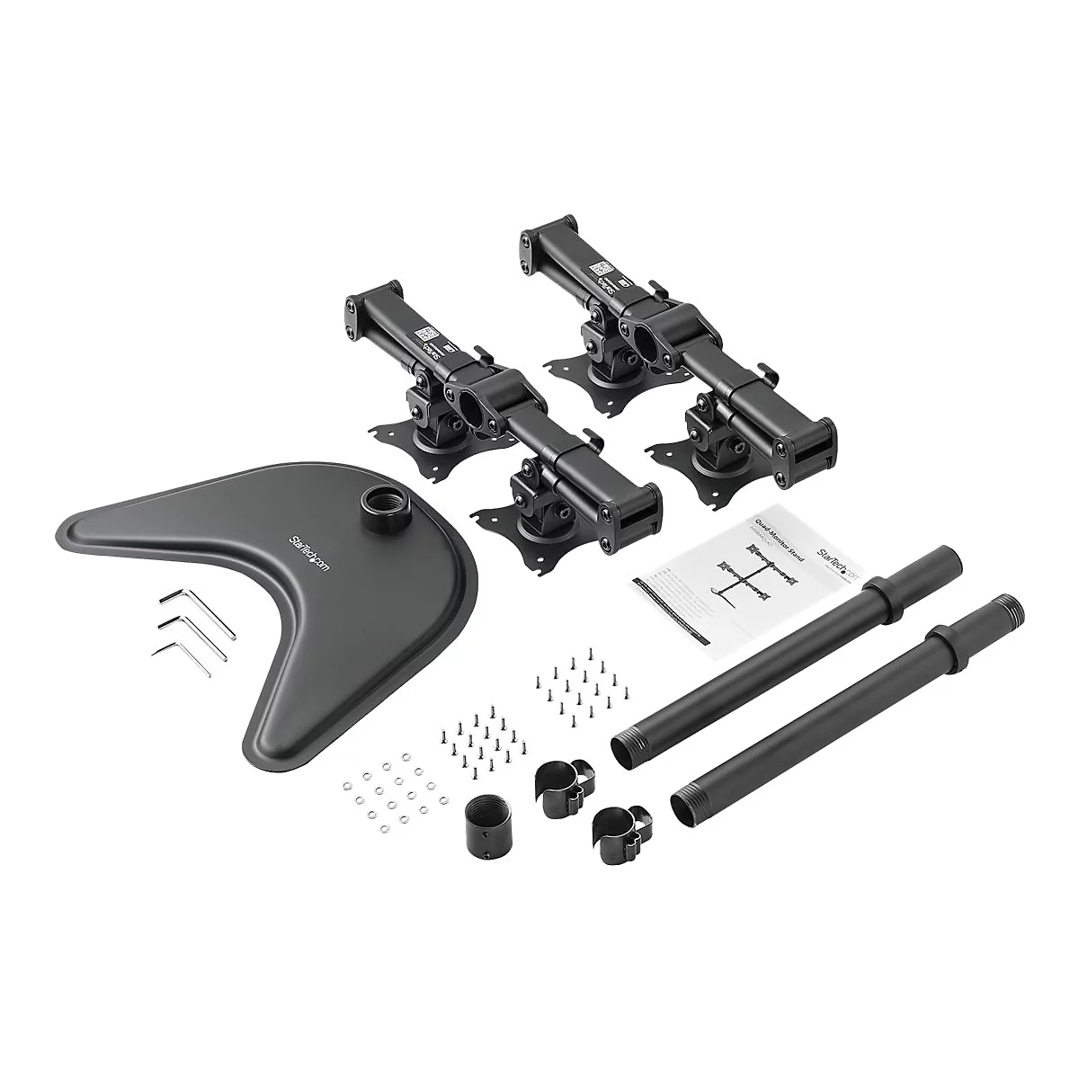 Kit de fixation d'Ã©cran noir avec diverses piÃ¨ces et vis sur fond blanc.