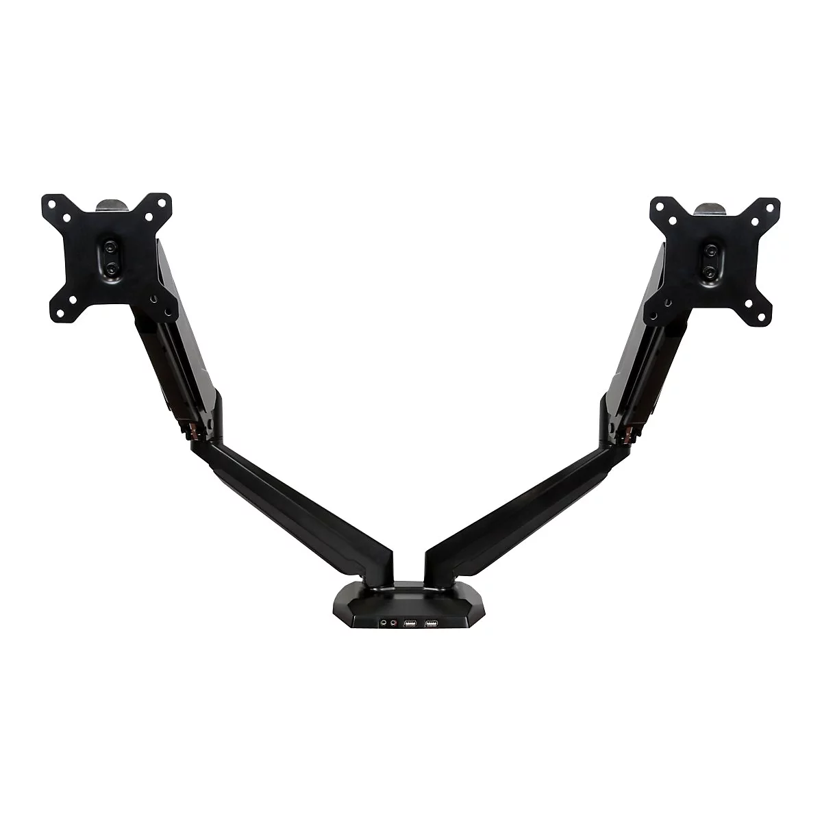 Support double Ã©cran noir avec bras articulÃ©s sur fond blanc.