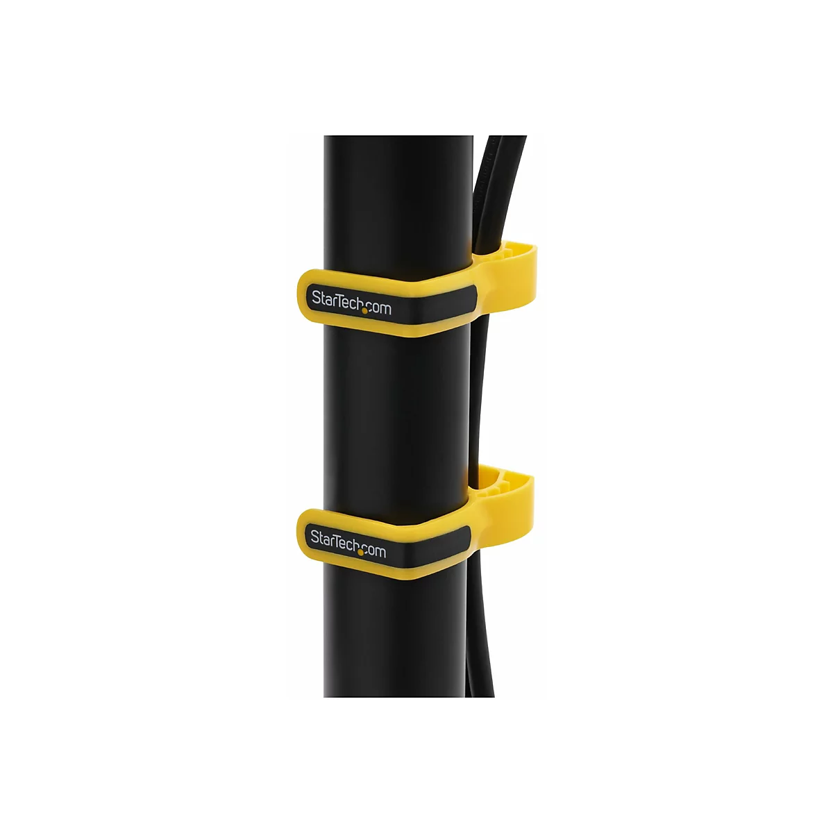 Poteau noir avec serre-cÃ¢bles jaunes. Inscription: StarTech.com.