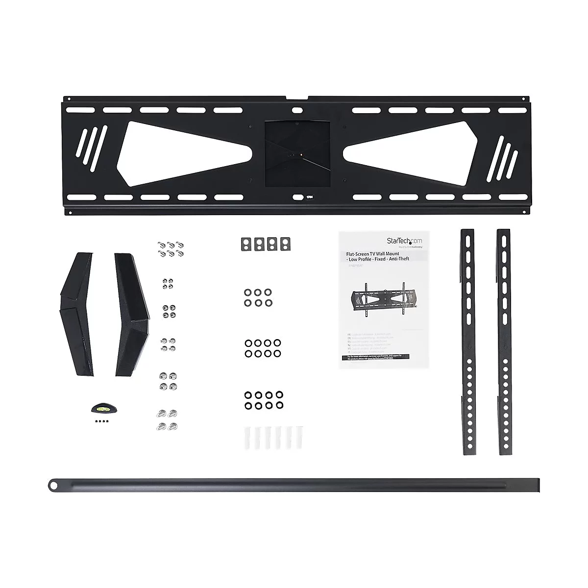Support mural TV noir avec accessoires sur fond blanc. Instructions et vis Ã©galement visibles.
