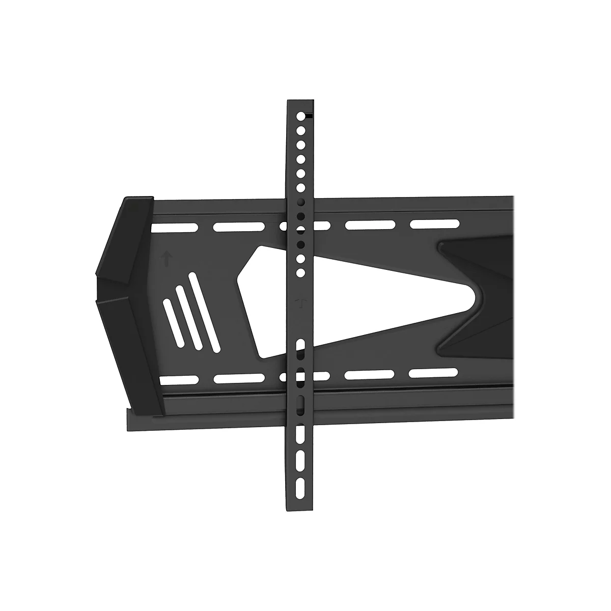 Support TV noir, composÃ© d'une plaque murale avec des trous et d'une partie support verticale avec des trous.
