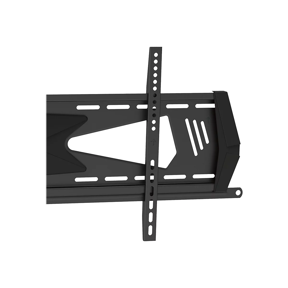 Support TV noir. Barre rÃ©glable verticalement avec de nombreux trous. Support avec trous.
