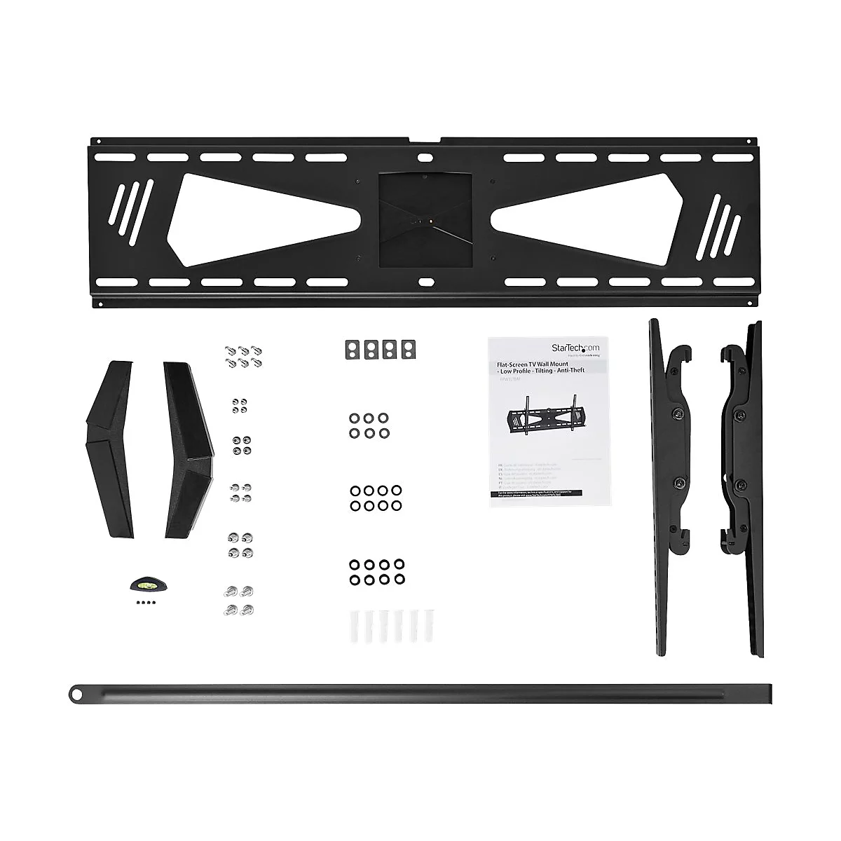Support mural TV noir avec accessoires : support, vis, entretoises, deux supports, manuel.