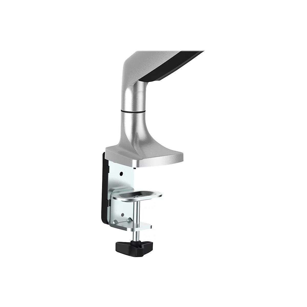 Heller Monitorarm, metallisch, mit Tischklemme und Halterung. Der Arm hat eine gebogene Form und eine schwarze FlÃ¤che am oberen Ende.