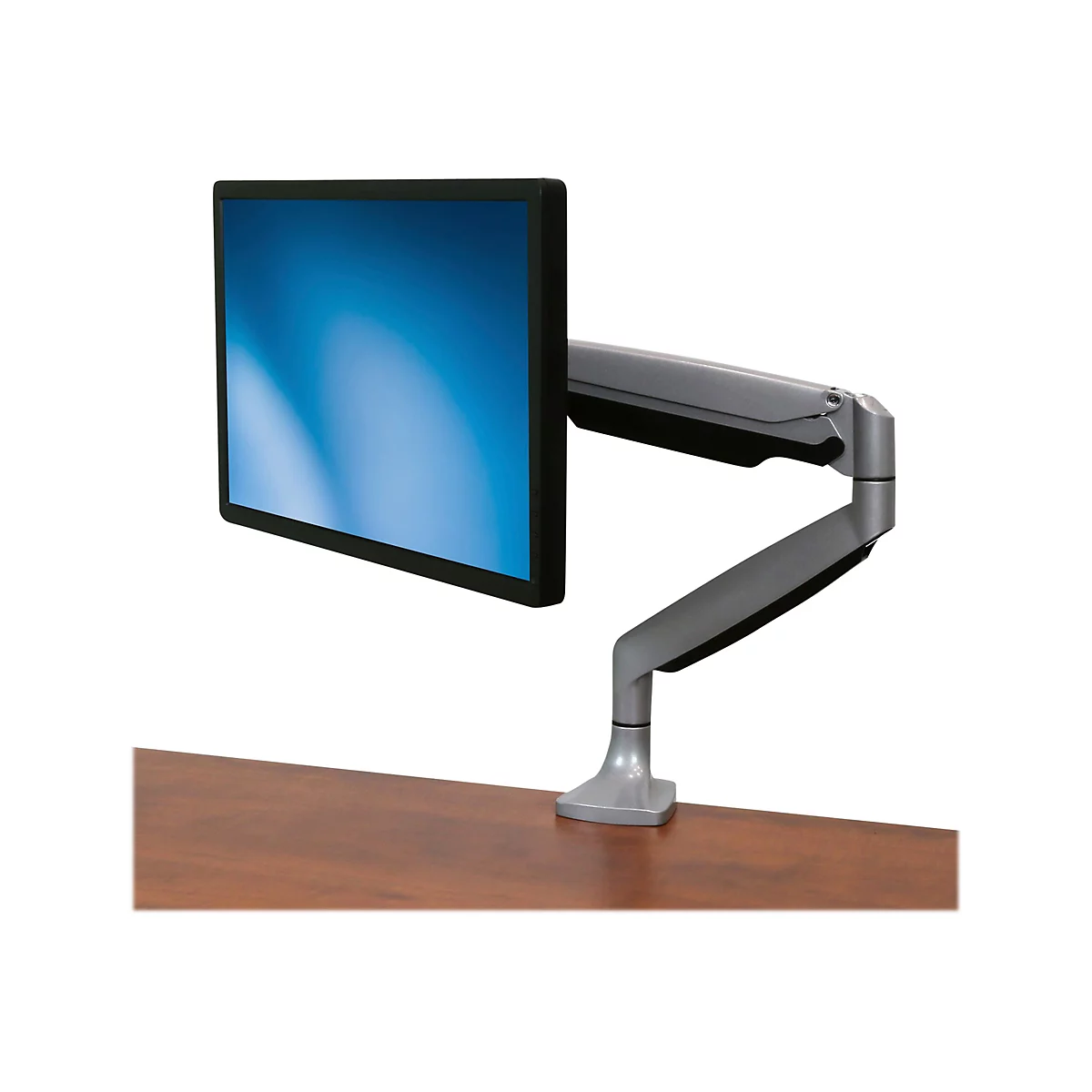 Monitorarm mit blauem Bildschirm auf HolzoberflÃ¤che. Graue Arme und Basis.