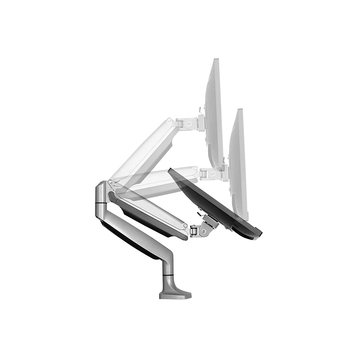 Doppel-Monitor-Halterung mit zwei Bildschirmen. Der Halter ist silbern, die Monitore hellgrau, vor weiÃŸem Hintergrund.