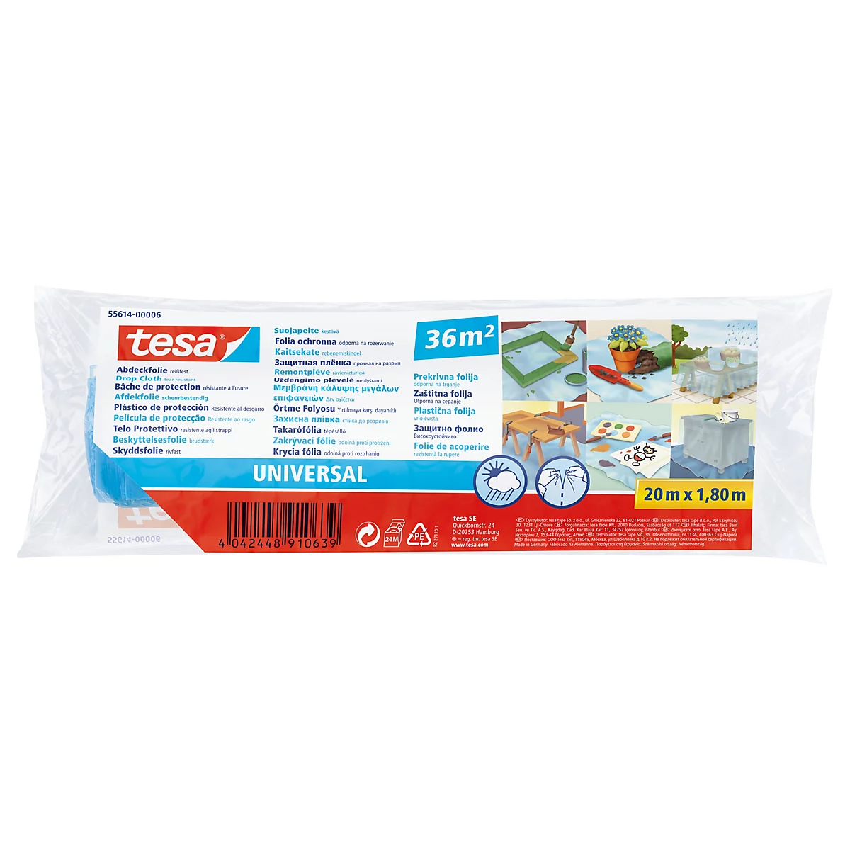 Tesa Abdeckfolie in Plastikverpackung, blaue Rolle. Aufschrift: Universal, 36m².