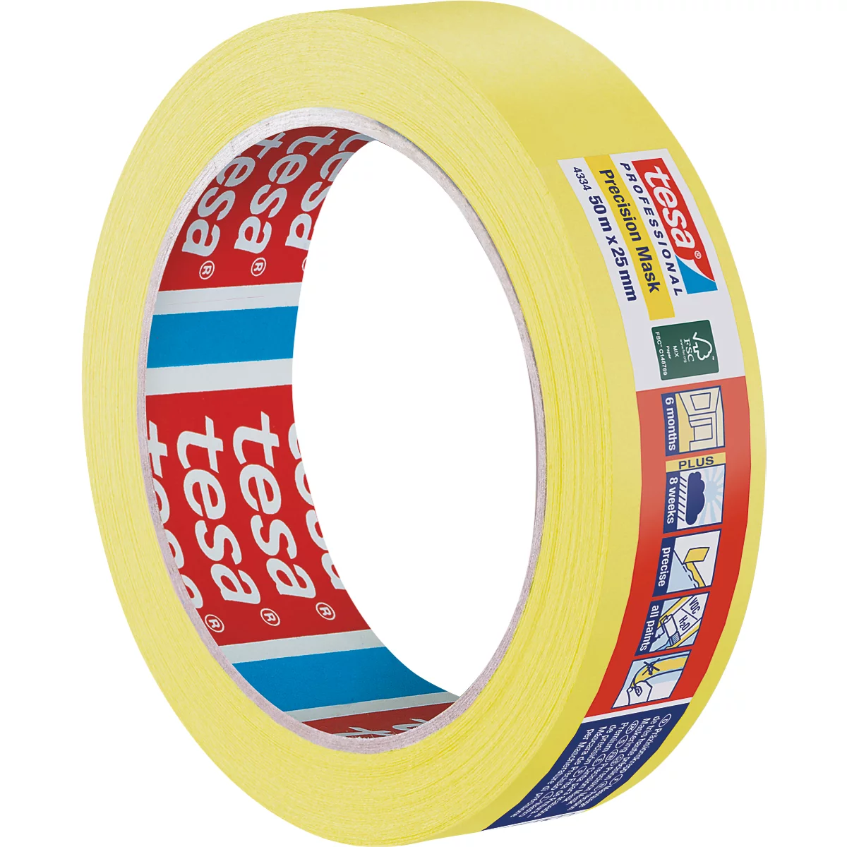 Ruban adhésif jaune, imprimé avec la marque Tesa, sur fond blanc.
