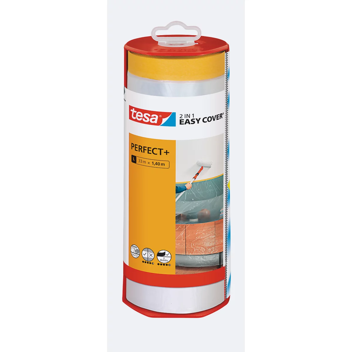 Un rouleau cylindrique avec une impression rouge et jaune avec l'inscription Tesa. Un graphique montre l'application.