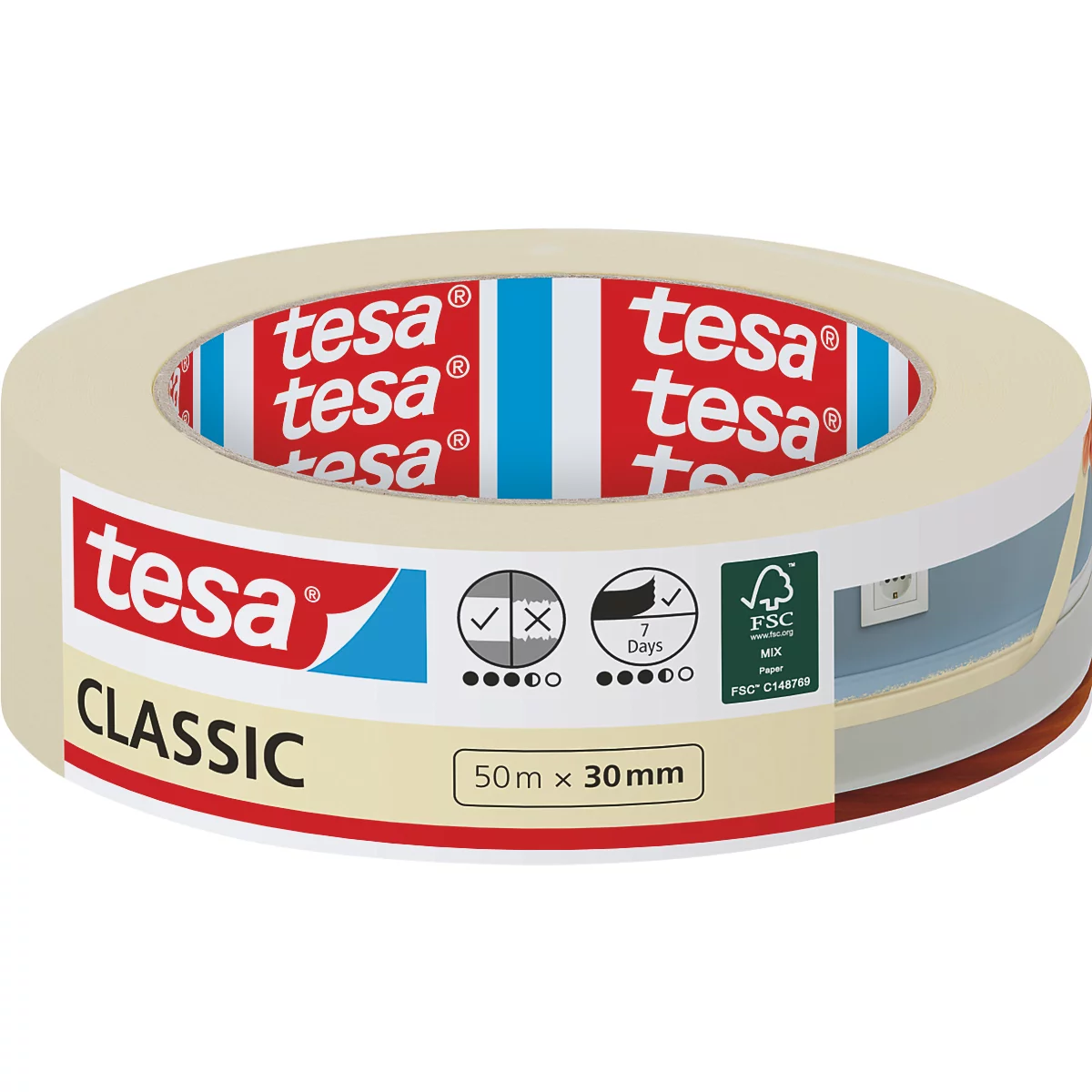 Hellbeige Klebebandrolle der Marke Tesa mit rotem Schriftzug. Aufschrift "Classic", sowie Infos zu Haftbarkeit und FSC-Siegel.