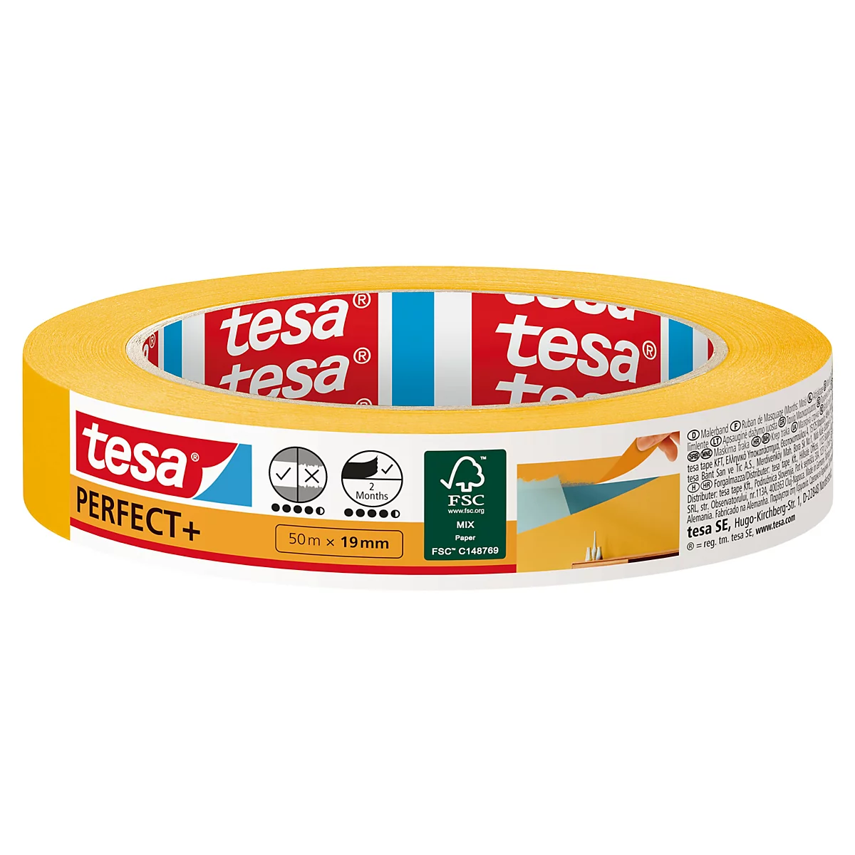 Gelbes Tesa-Band mit rotem Logo. Aufschrift: Perfect+, 50m x 19mm. FSC-Siegel.