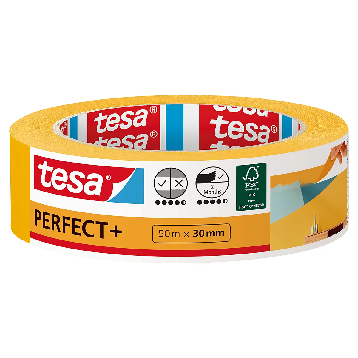 Ruban adhésif jaune tesa avec lettrage rouge, "tesa PERFECT+".