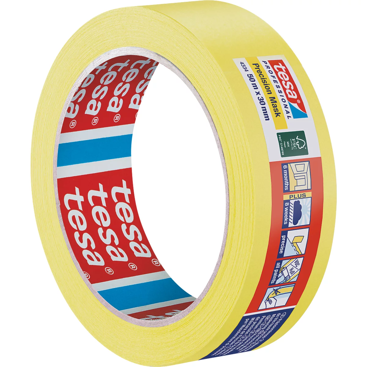 Gelbes Tesa-Abdeckband, Rolle mit Produktinformationen.