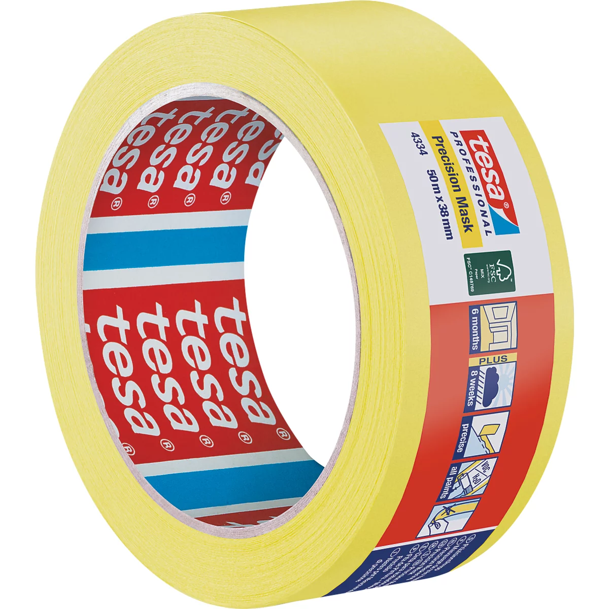 Gelbes Tesa-Abdeckband, Rolle mit Beschriftung: 'Precision Mask' und Logos.