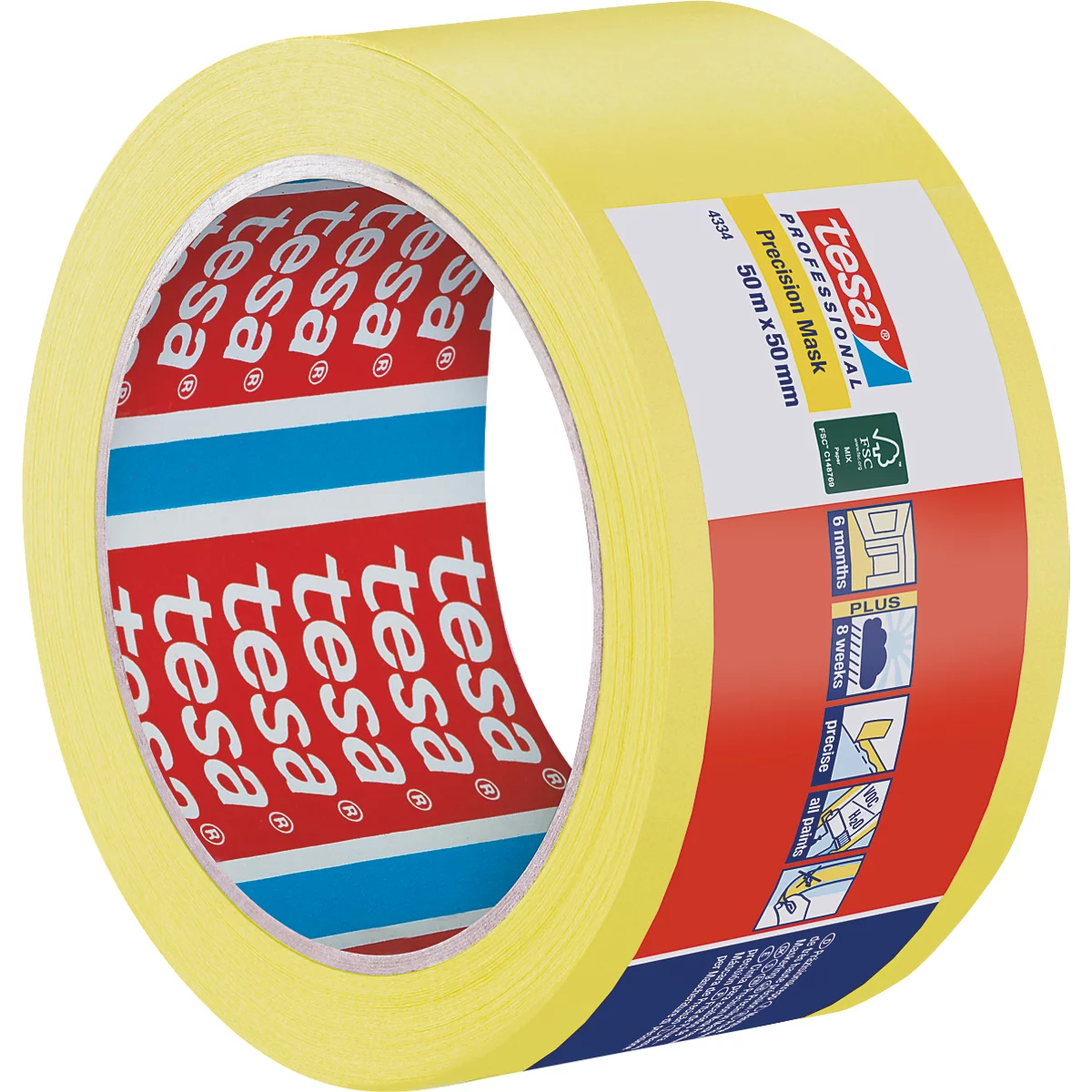 Gelbes Klebeband, teilweise aufgerollt, mit roter und blauer Innenverpackung. Der Markenname und die Produktmerkmale sind sichtbar.