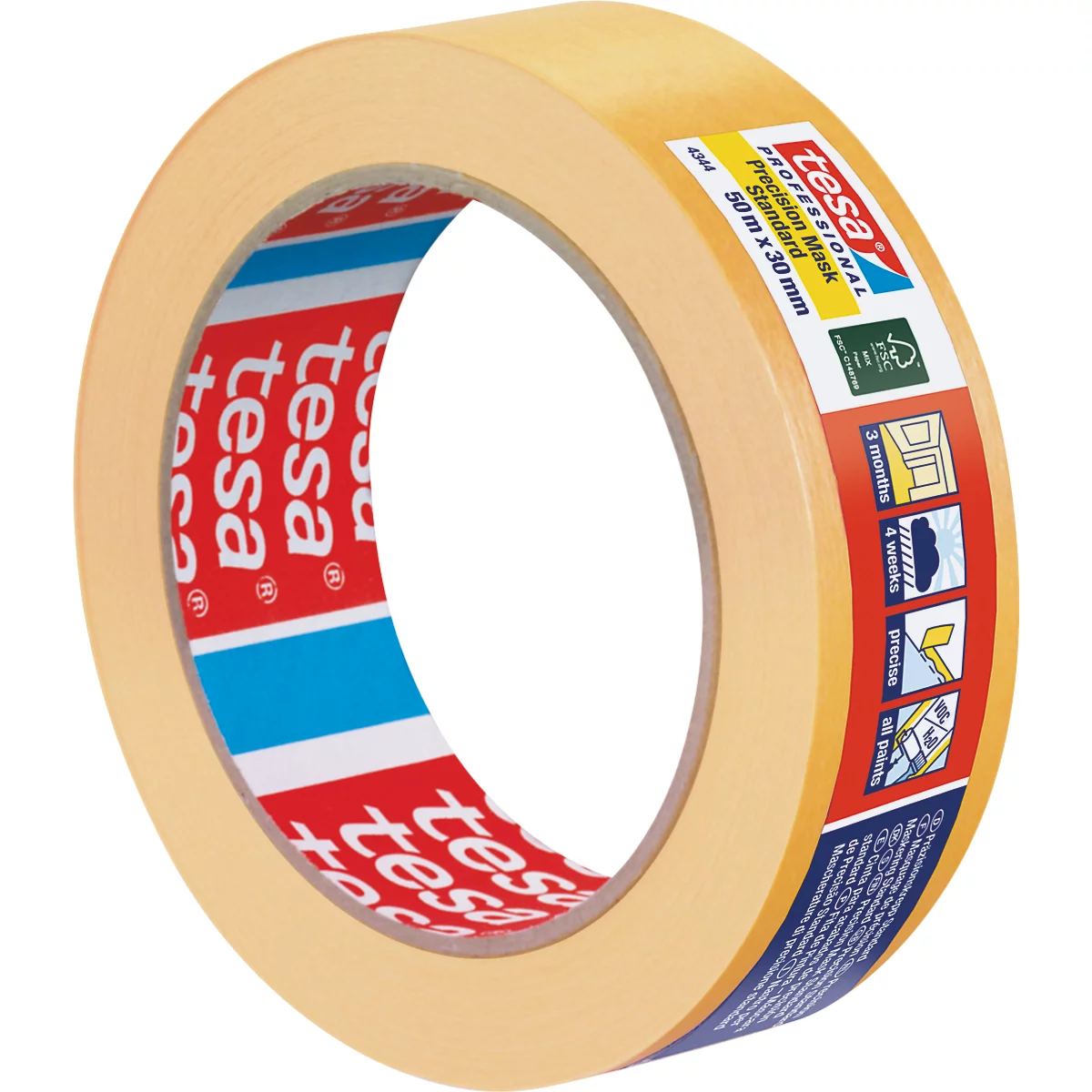 Ruban adhésif Tesa beige, partiellement déroulé, avec impression intérieure rouge et bleu, texte blanc et informations sur le produit.