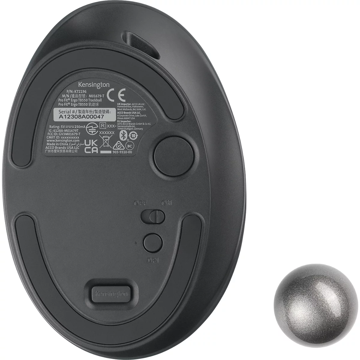  Trackball Kensington Pro Fit Ergo TB550, ergonomisch ontwerp, 7 knoppen, Bluetooth, 400/800/1200/1600 DPI, Plug &amp; Play, blauw/grijs