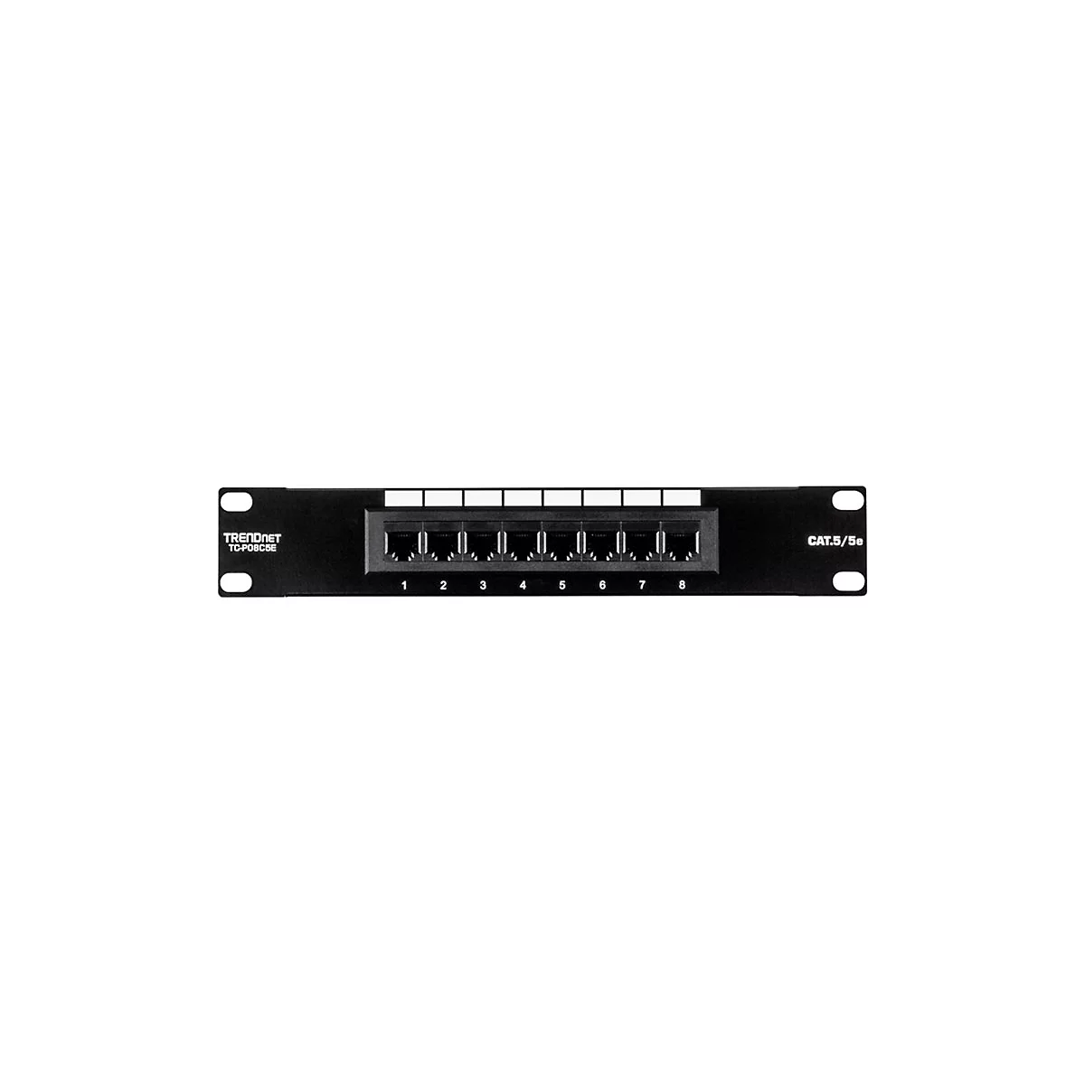 Schwarzes Patchpanel mit acht Ethernet-AnschlÃ¼ssen, beschriftet mit Zahlen und Text. CAT.5/5e.