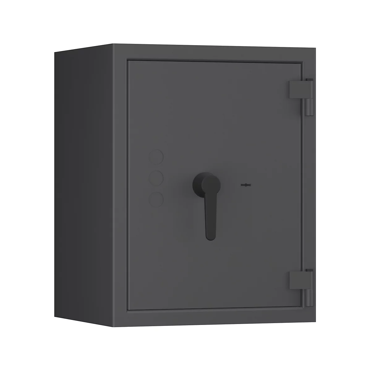 Dunkelgrauer Tresor mit Griff und drei Knöpfen, vor weißem Hintergrund.