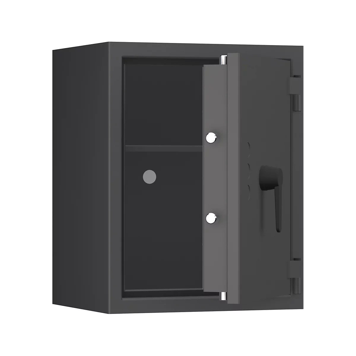 Ein geöffneter, grauer Tresor. Die Tür ist halb geöffnet. Im Inneren ist ein Fach zu sehen.