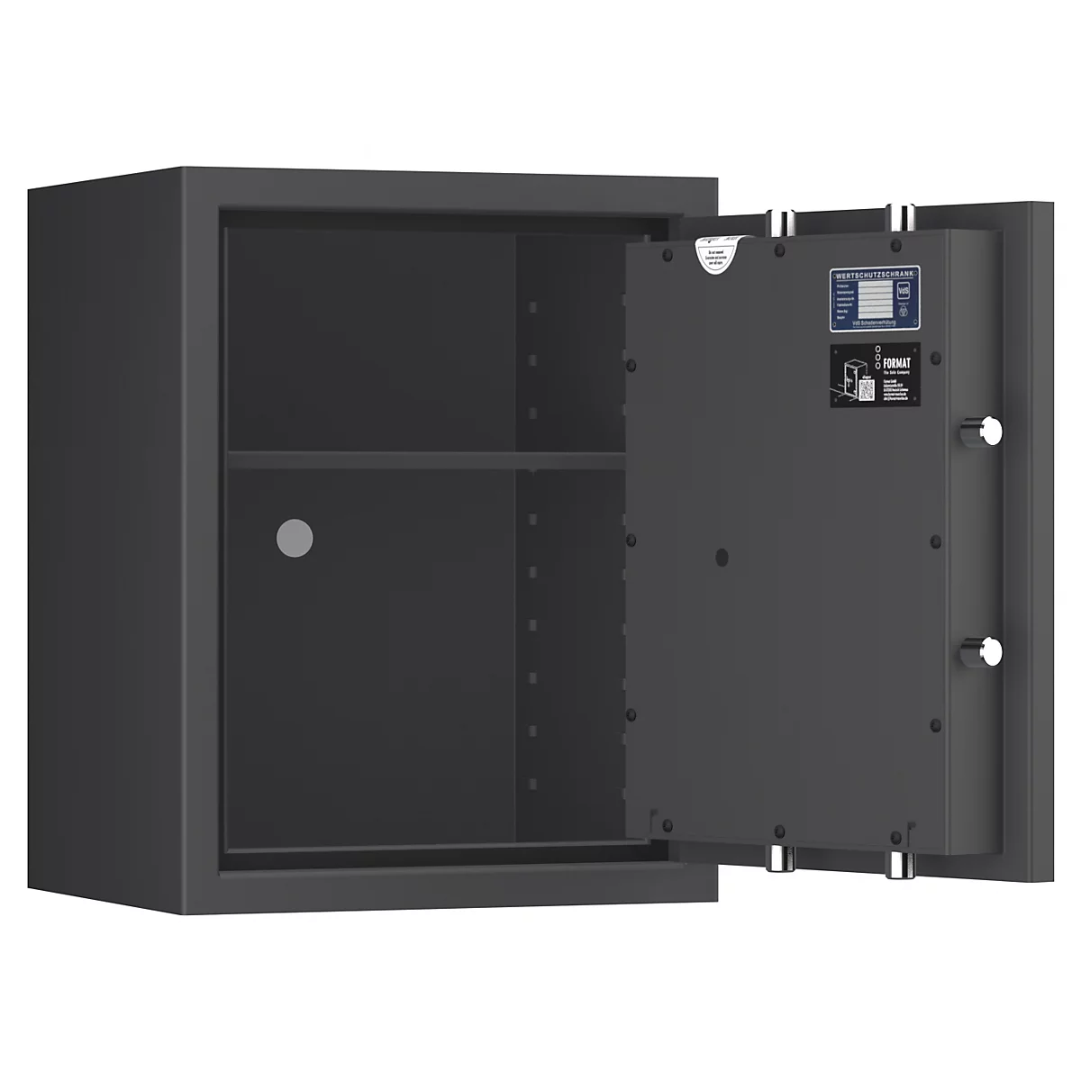 Ein geöffneter, grauer Tresor. Die Tür ist geöffnet und gibt den Blick auf den Innenraum frei, ein Regal ist sichtbar. Auf der Innenseite der Tür sind Aufkleber.