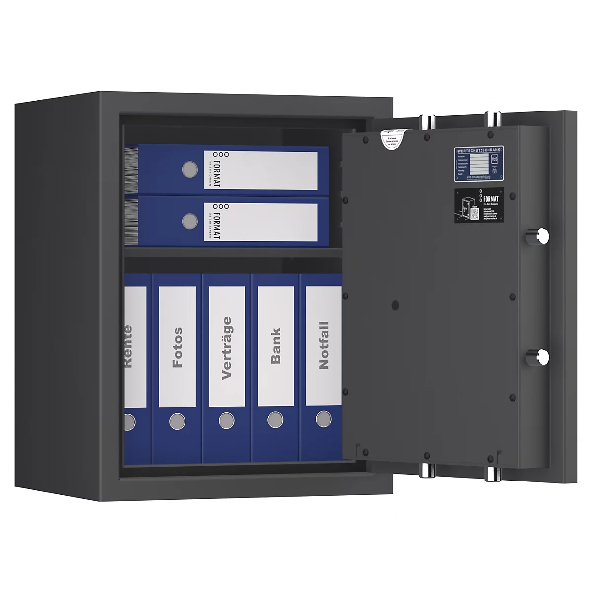 Ein geöffneter Tresor mit blauen Ordnern. Einige Ordner haben Etiketten mit der Aufschrift 'Rente', 'Fotos', 'Verträge', 'Bank' und 'Notfall'.