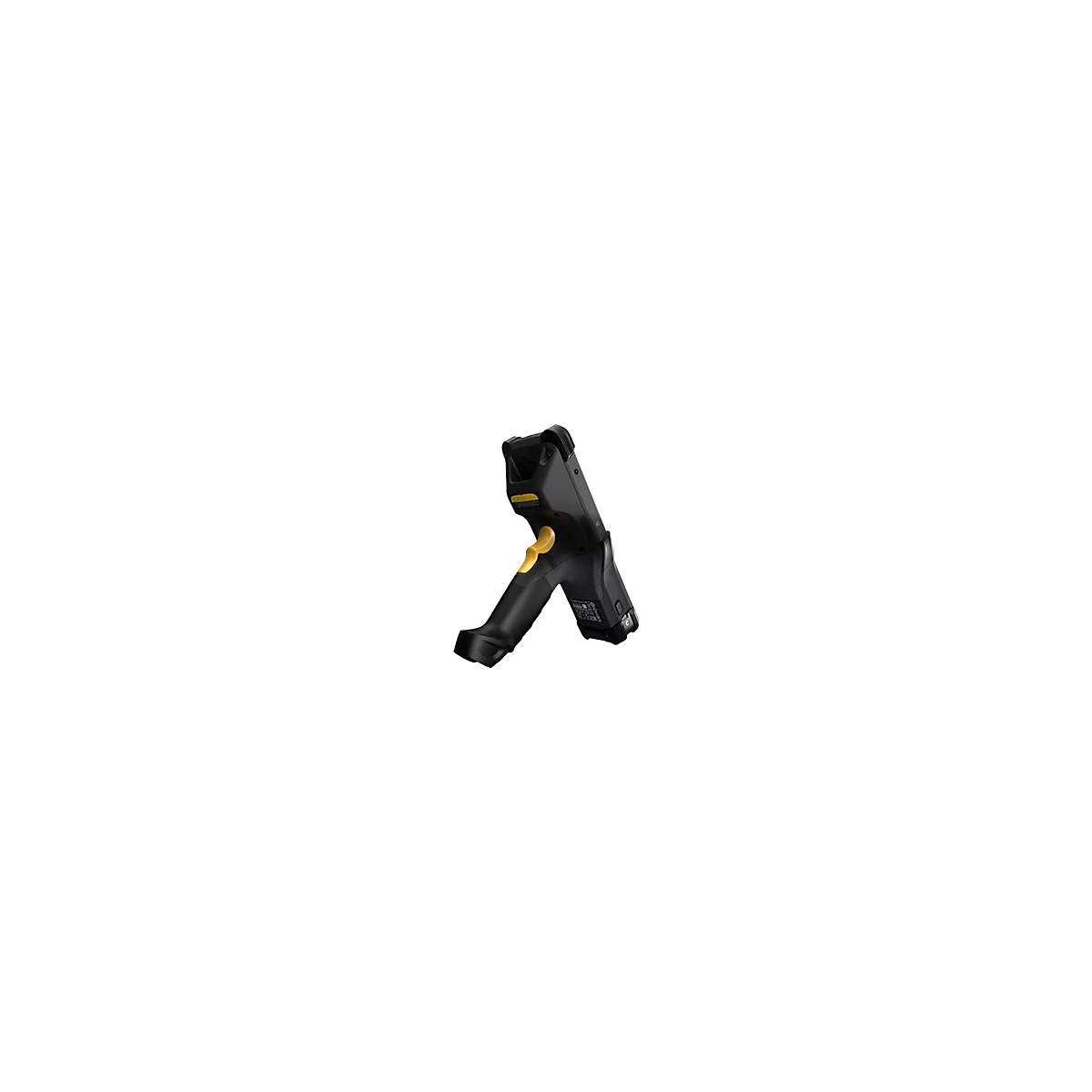 Schwarzer Barcodescanner mit gelben Akzenten auf weiÃŸem Hintergrund. Der Griff ist ergonomisch geformt.
