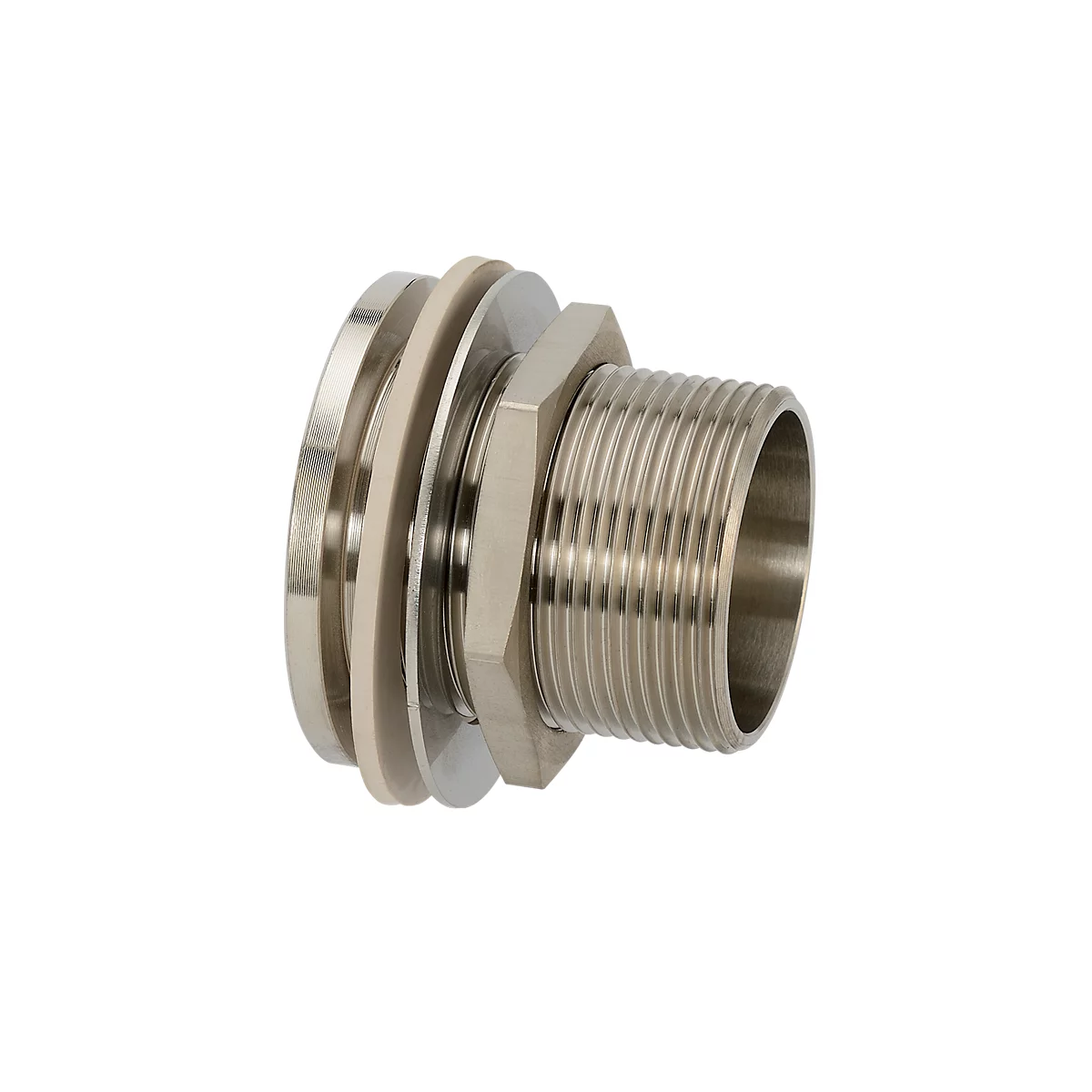 Metal pipe connector, with thread, on a white background.