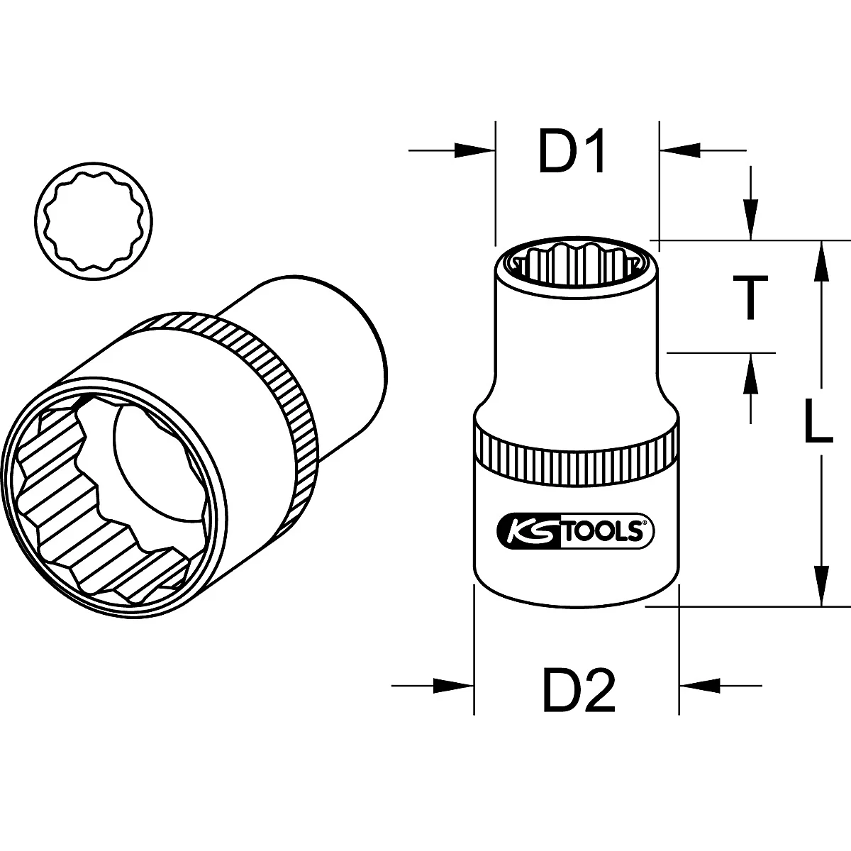 Eine technische Zeichnung eines Steckschlüssels von KS TOOLS. Gezeigt werden Ansichten von zwei Seiten, sowie Maße. Das Logo ist auf dem Werkzeug abgebildet.