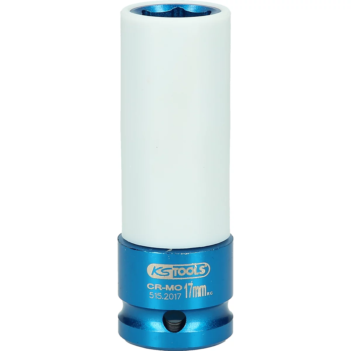 Blauer KS TOOLS Steckschlüssel, weißes Mittelstück, Schriftzug, 17mm.