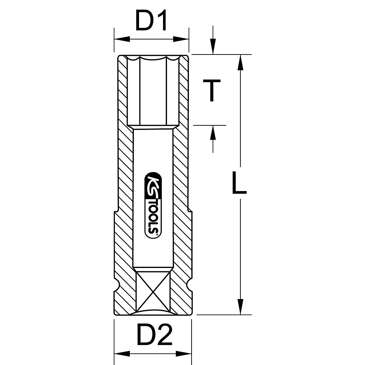 Werkzeug-Aufsatz, Ansicht mit D1, D2, T und L beschriftet; KS TOOLS Logo.