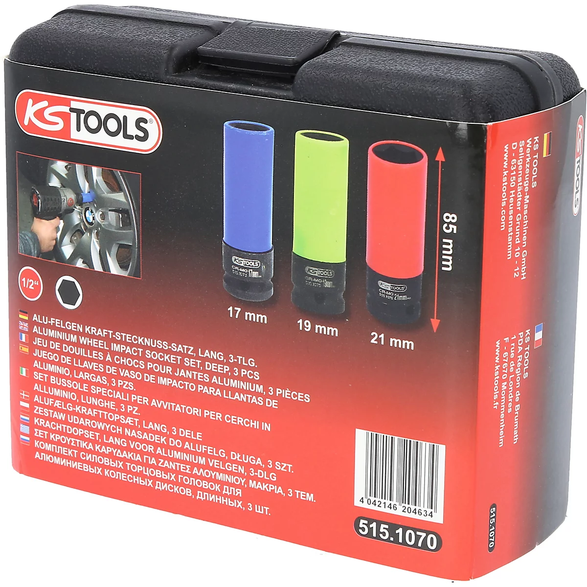 Schwarze Box mit drei farbigen Aufsätzen. Aufdruck: KS TOOLS und Produktbezeichnung. Maße und Größen sind angegeben.