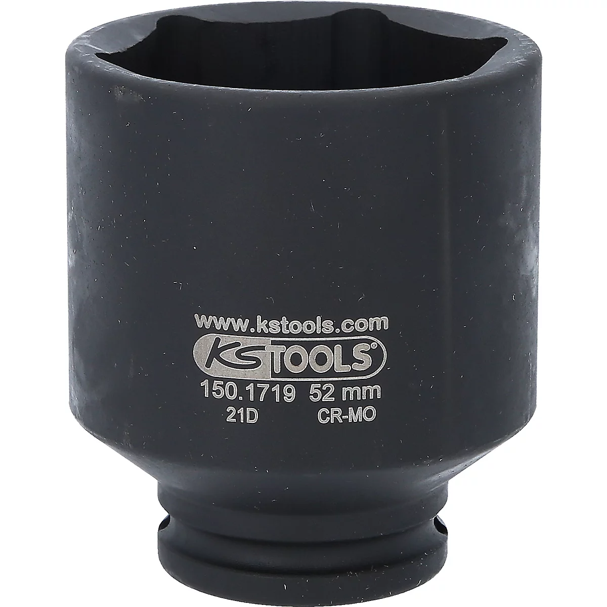 Schwarze Stecknuss von KS TOOLS mit sechseckiger Öffnung. Aufschrift: www.kstools.com, KS TOOLS, 150.1719 52 mm, 21D CR-MO.