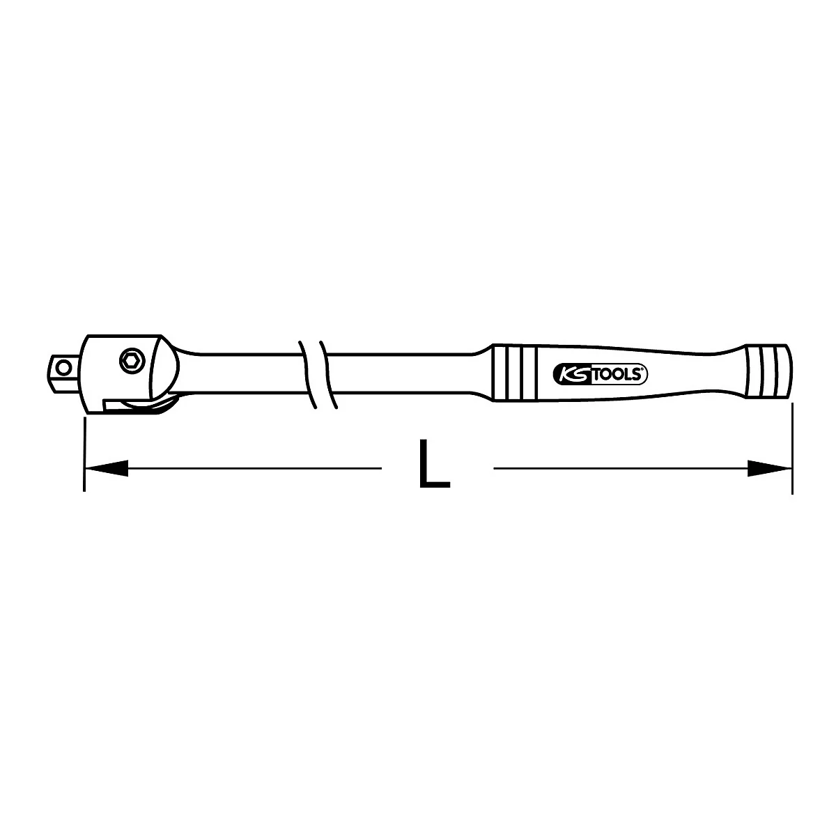 Eine Illustration eines Knarrenwerkzeugs. Am Werkzeug ist der Schriftzug KS TOOLS zu sehen. Die Länge des Werkzeugs wird durch den Buchstaben L gekennzeichnet.