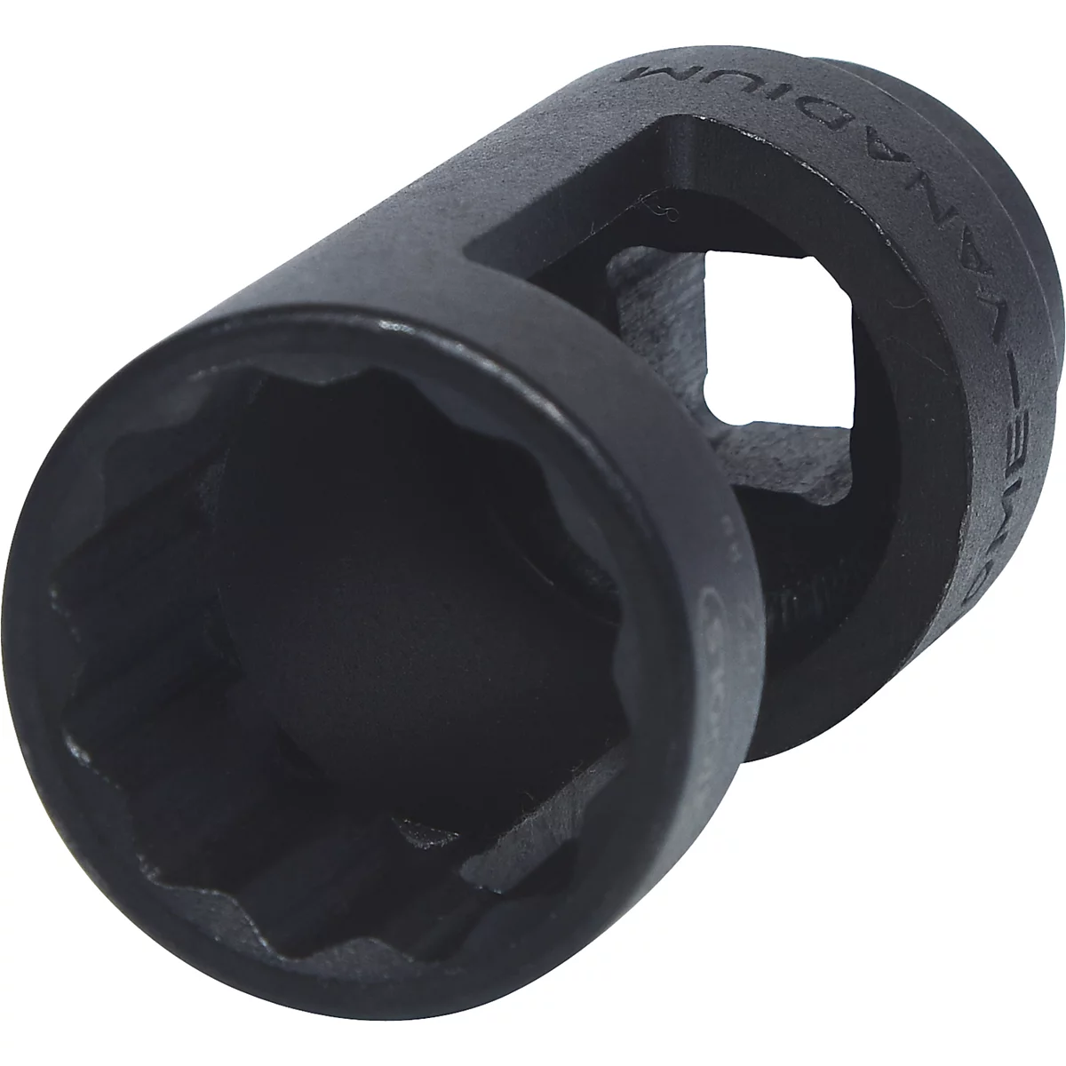 Schwarze 12-Kant-Stecknuss aus Metall, mit Vierkant und Schriftzug.