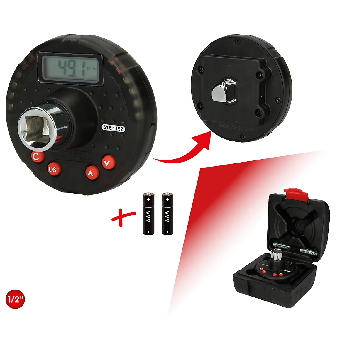 Eine digitale Drehmomentschlüssel-Präsentation mit Detailansichten, Batterien und Etui.