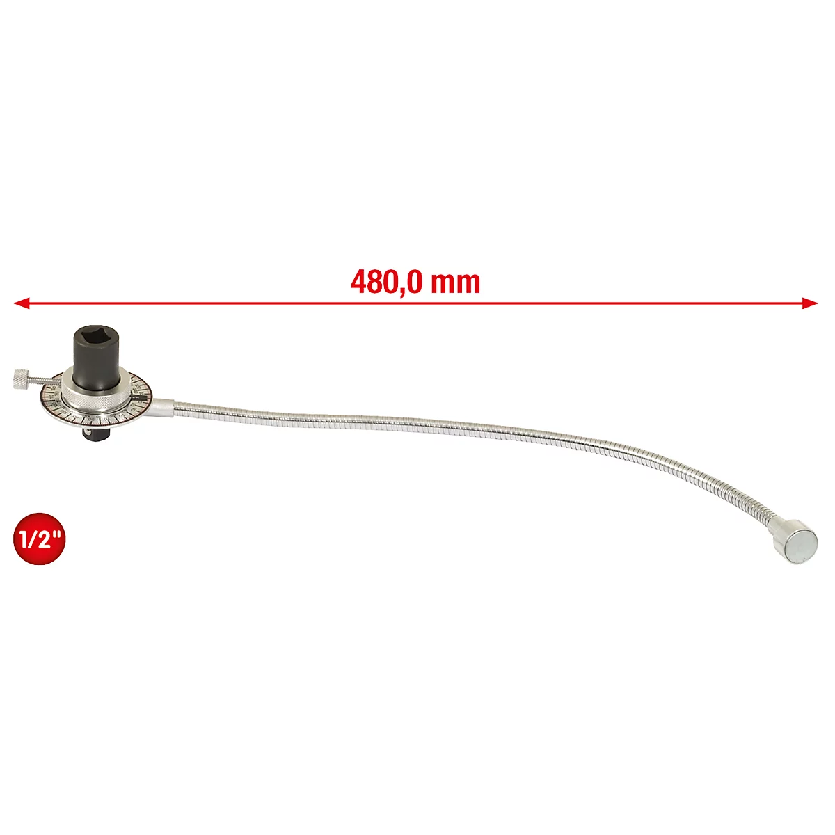 Ein abgewinkeltes Werkzeug, das aus einem schwarzen Kopf, einem flexiblen Metallteil und einem runden Knopf besteht. Darüber ist die Abmessung 480 mm angegeben.