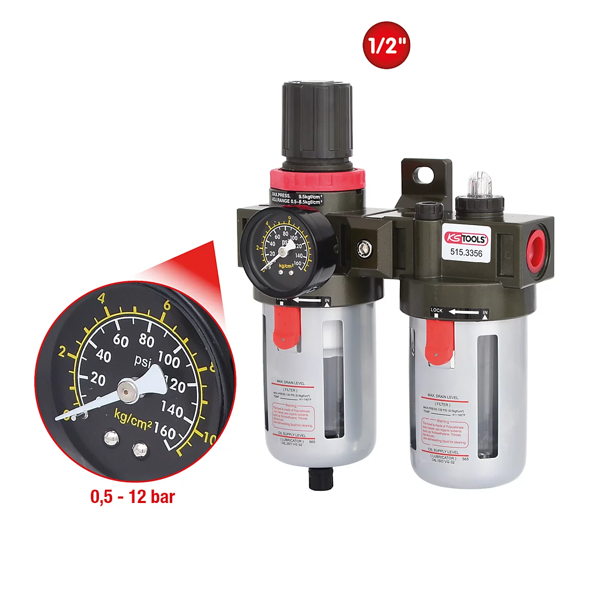 Luftfilter mit Manometer und Druckanzeige. Anzeige: 0,5 - 12 bar, 1/2 Zoll.