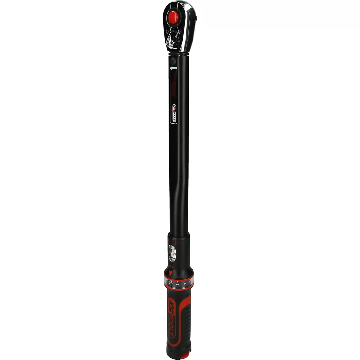 Schwarzer Drehmomentschlüssel mit roter Anzeige und Knöpfen. Das Werkzeug ist aus Metall und Kunststoff gefertigt.