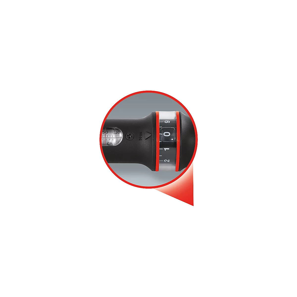 Detailaufnahme eines schwarzen Drehmomentschlüssels mit roter Markierung. Die Anzeige zeigt die Zahl 0. In einer roten Umrandung.